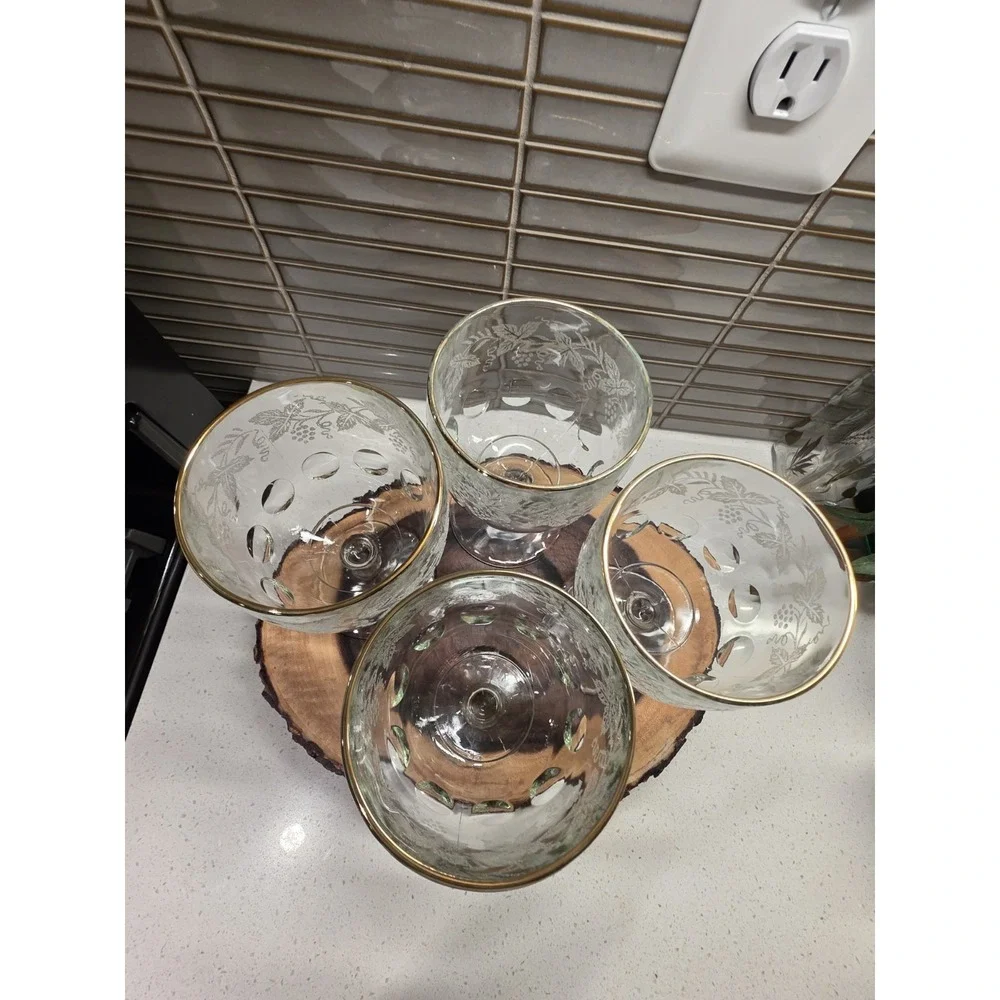VTG Lot Of 4 Bartlett Collins Thumbprint Etched Grapes & Leaves Goblets 1940s